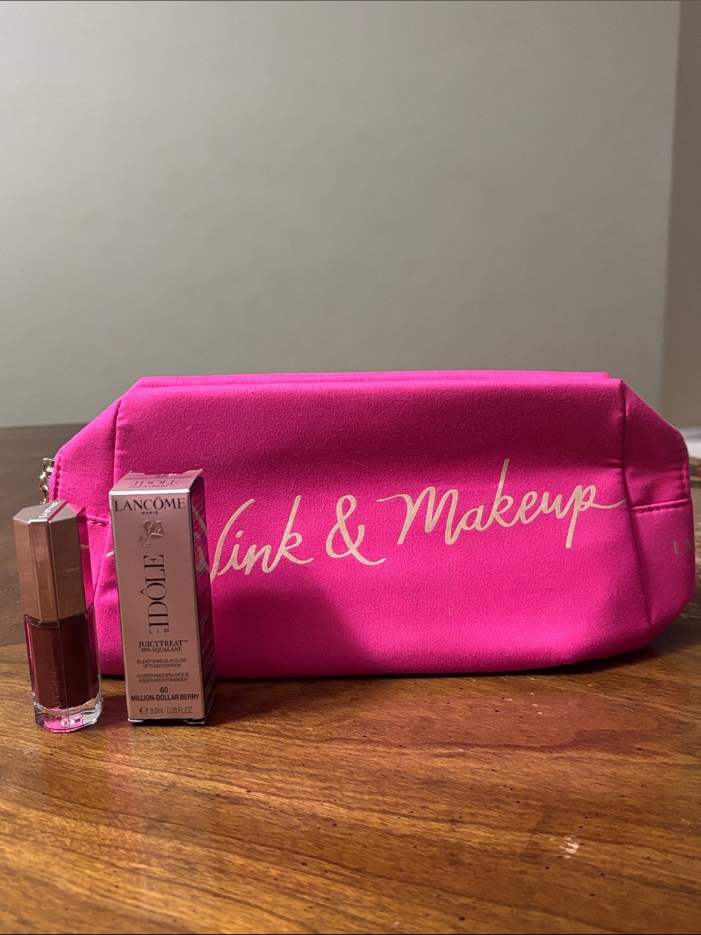 Lancôme Hot Pink Makeup Pouch with Lip Gloss. Shade Million Dollar Berry.